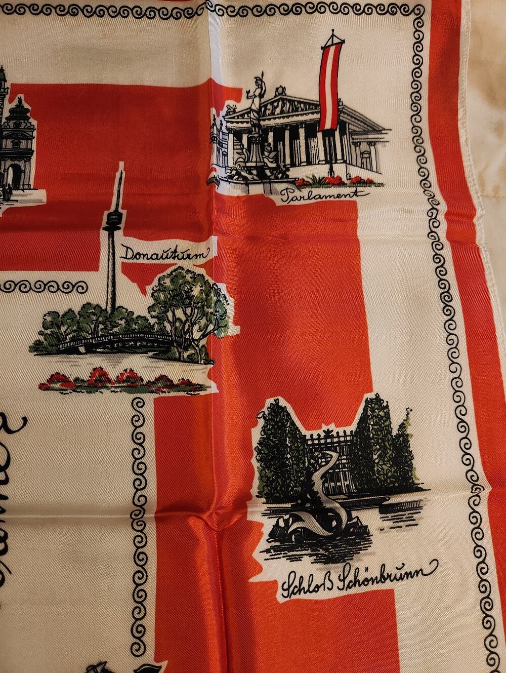 Vintage Vienna Wein Scarf, Souvenir Landmarks, Austria, Travel, Red Black White - Picture 3 of 9